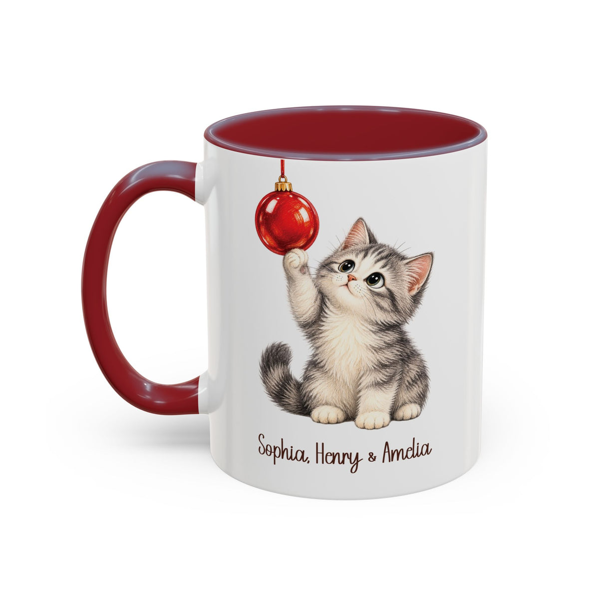 Maroon personalized Christmas Kitten mug, 11oz, design side with handle on the left