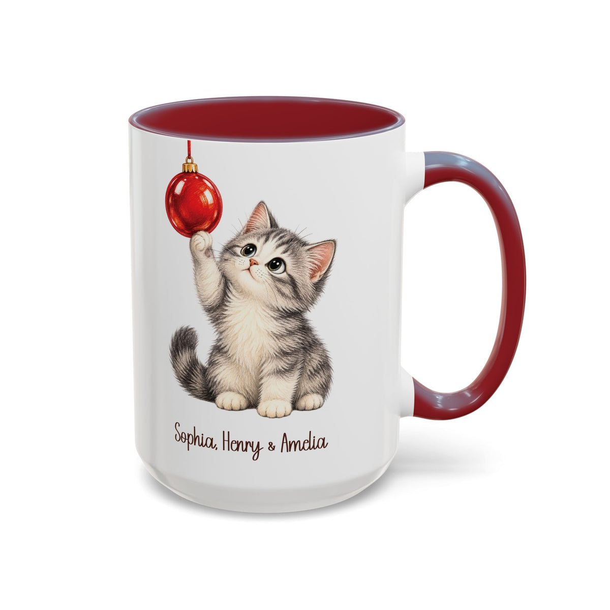 Maroon personalized Christmas Kitten mug, 15oz, design side with handle on the right