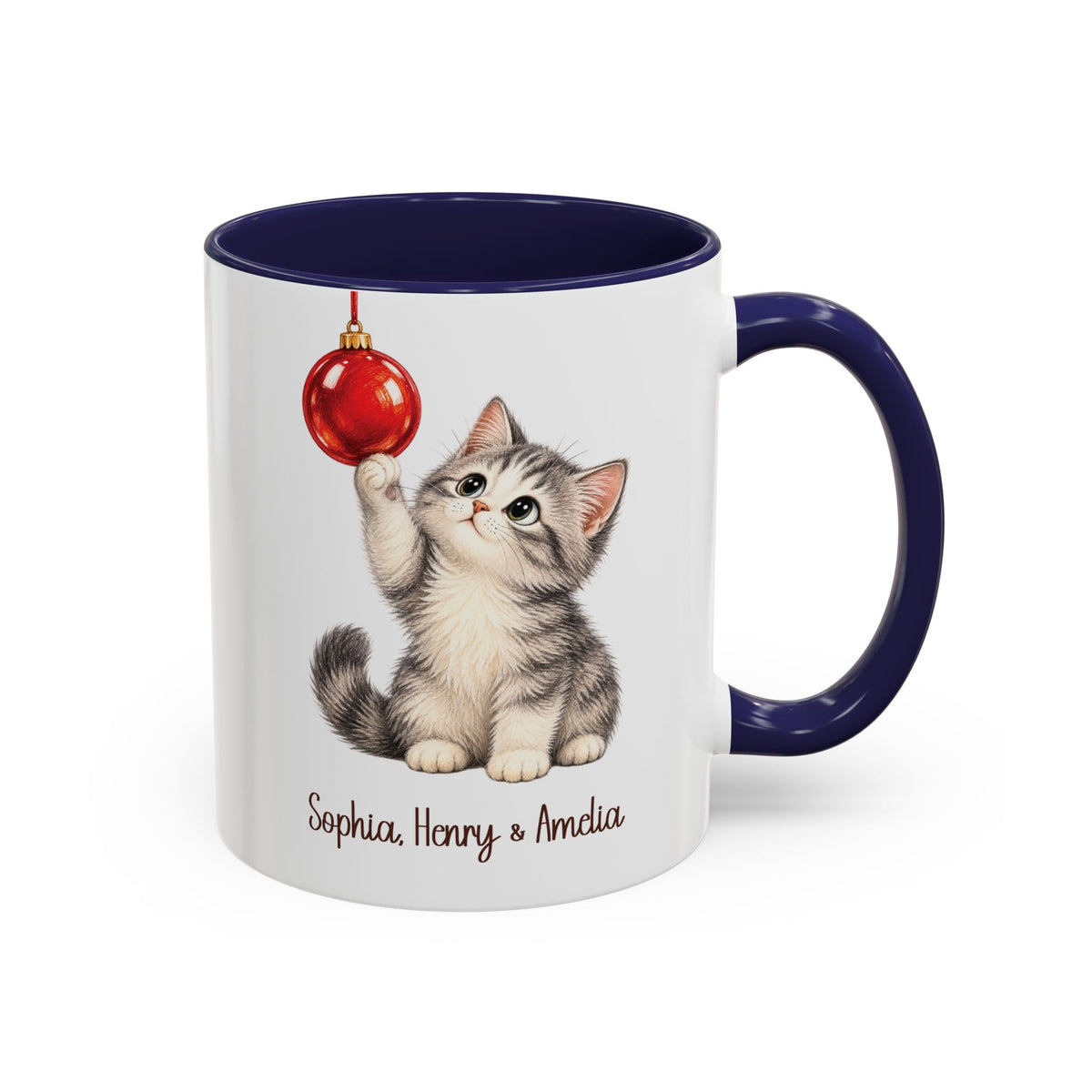Navy personalized Christmas Kitten mug, 11oz, design side with handle on the right