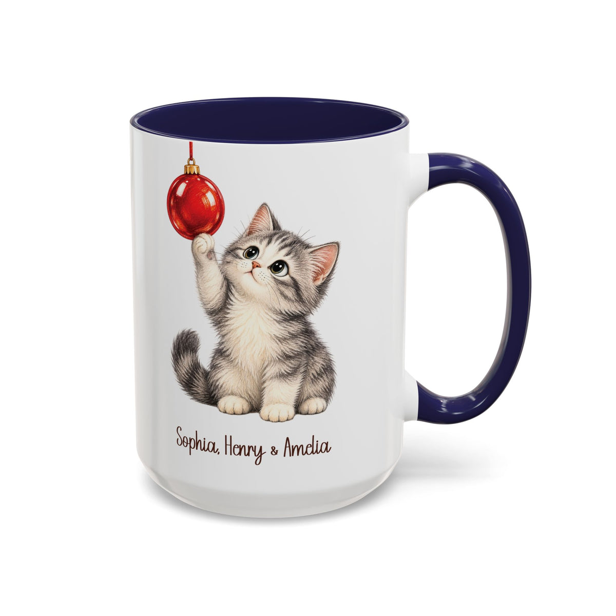 Navy personalized Christmas Kitten mug, 15oz, design side with handle on the right