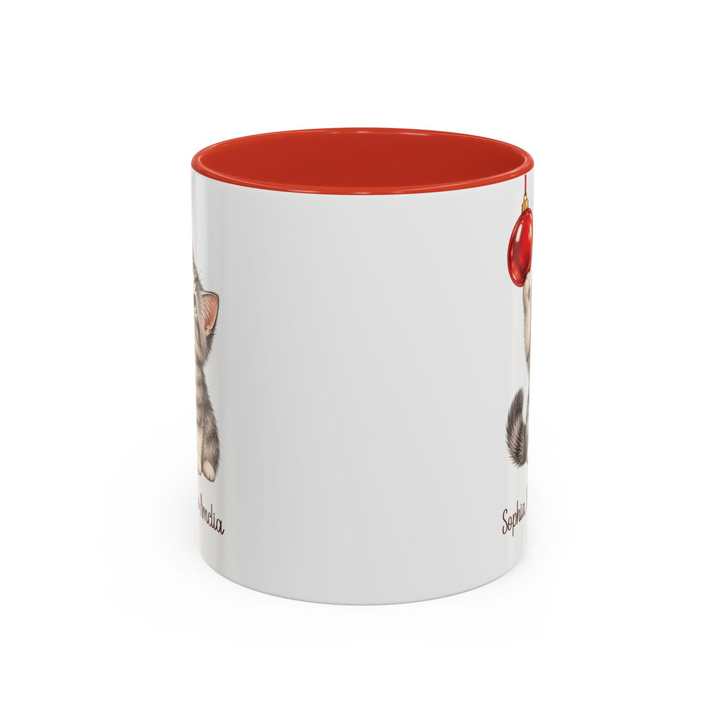 Red personalized Christmas Kitten mug, 11oz, back view