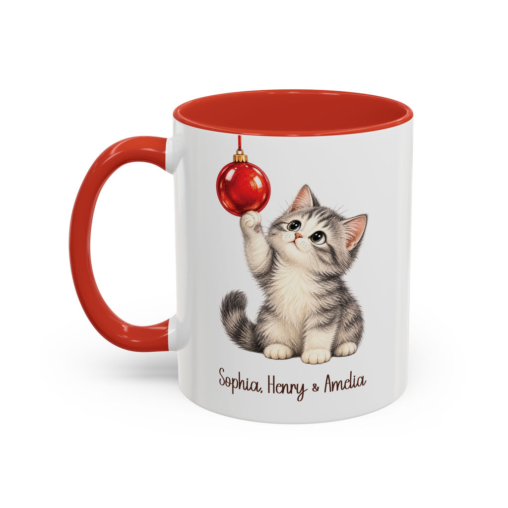 Red personalized Christmas Kitten mug, 11oz, design side with handle on the left