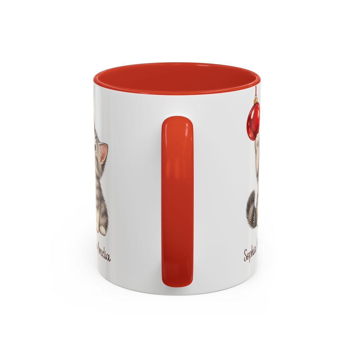 Red personalized Christmas Kitten mug, 11oz, handle view