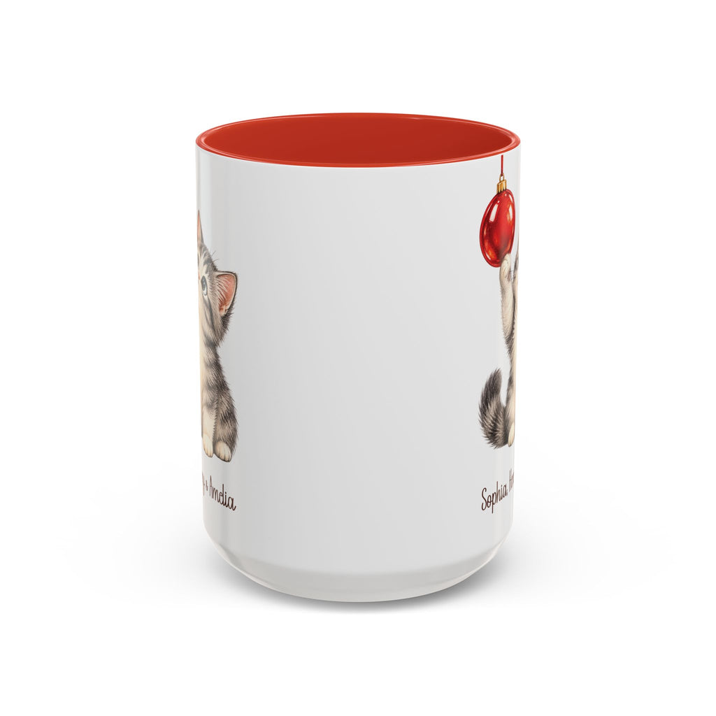 Red personalized Christmas Kitten mug, 15oz, back view