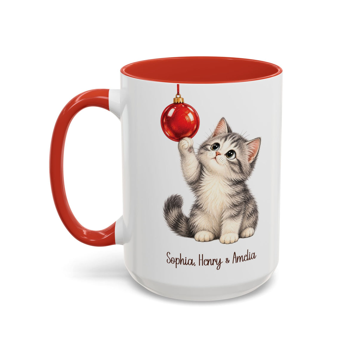 Red personalized Christmas Kitten mug, 15oz, design side with handle on the left