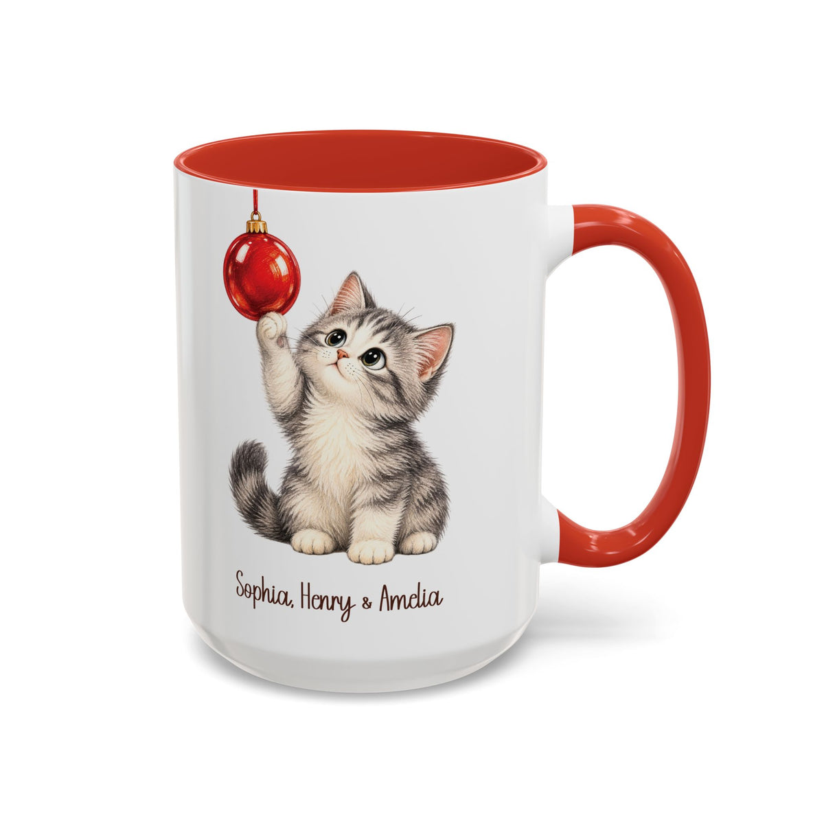 Red personalized Christmas Kitten mug, 15oz, design side with handle on the right