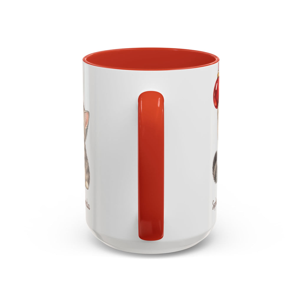 Red personalized Christmas Kitten mug, 15oz, handle view