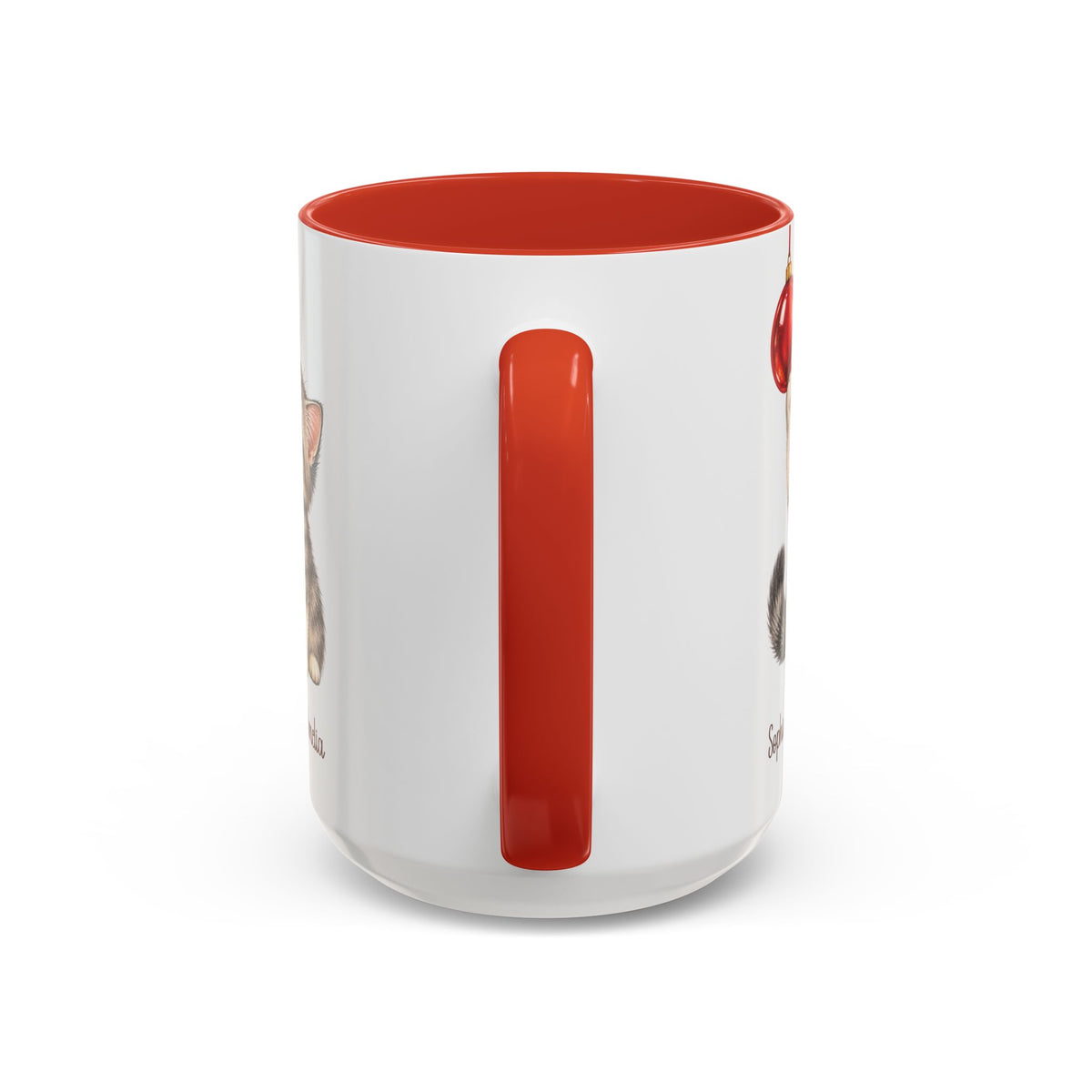 Red personalized Christmas Kitten mug, 15oz, handle view