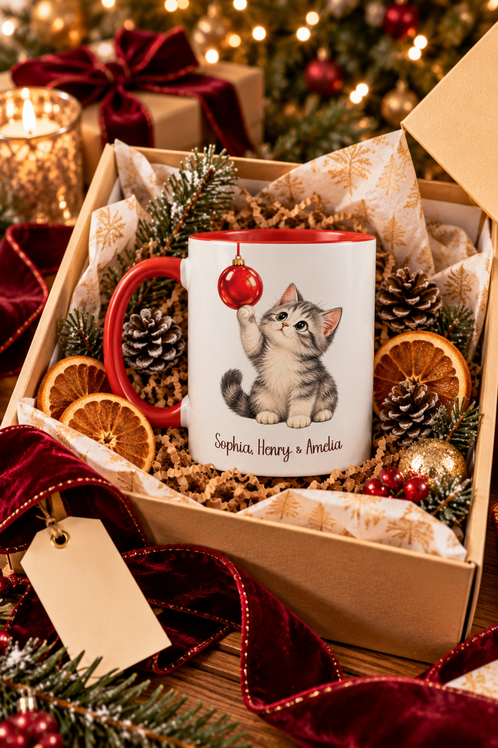 Red personalized Christmas Kitten mug in a Christmas gift box, lifestyle photo