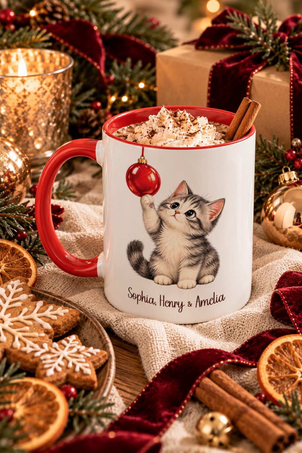 Red personalized Christmas Kitten mug with hot cocoa and Christmas treats, lifestyle photo