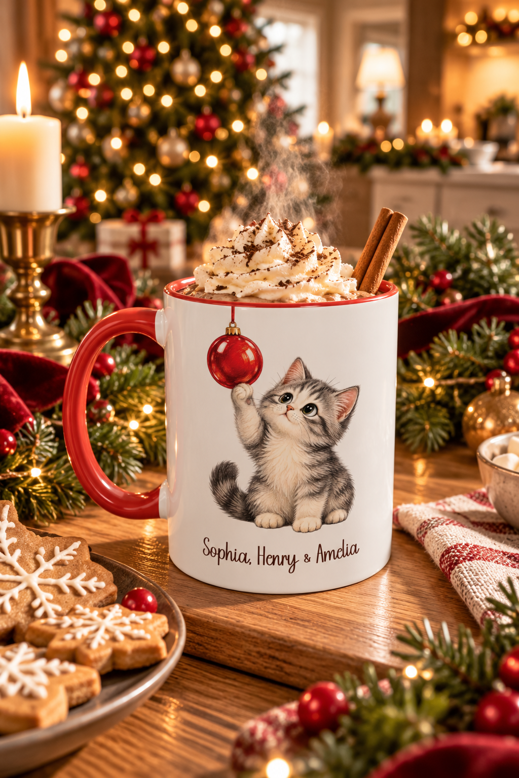 Red personalized Christmas Kitten mug with hot cocoa by the Christmas tree, lifestyle photo