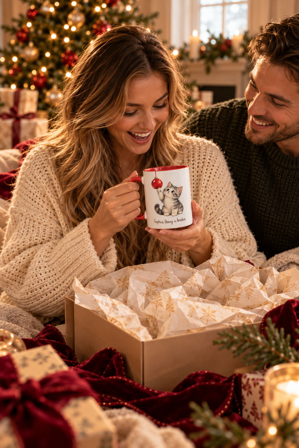 Red personalized Christmas Kitten mug being unwrapped as a Christmas gift, lifestyle photo