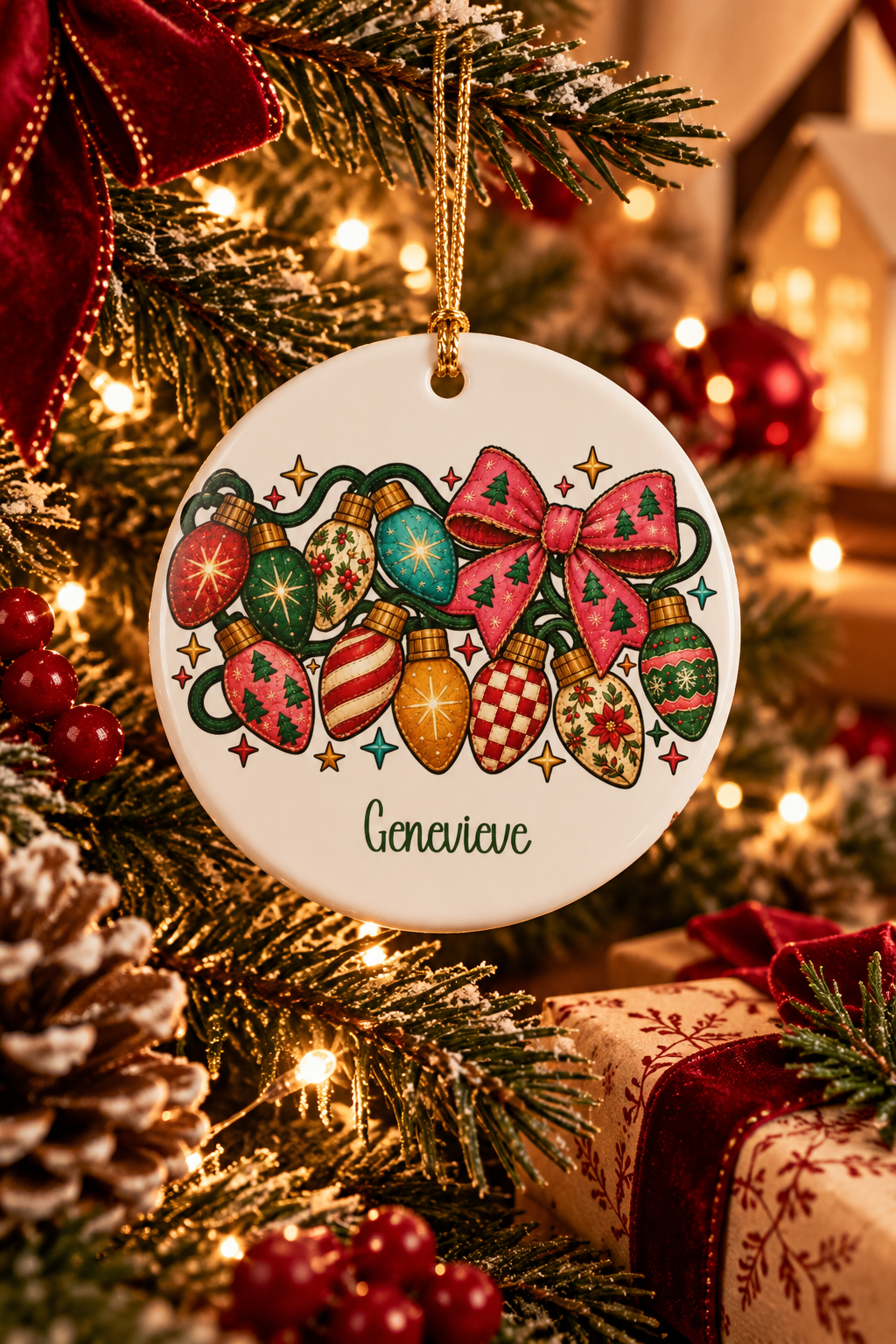 Personalized Colorful Christmas Lights ornament on a decorated Christmas tree with red ribbon and warm lights, lifestyle photo