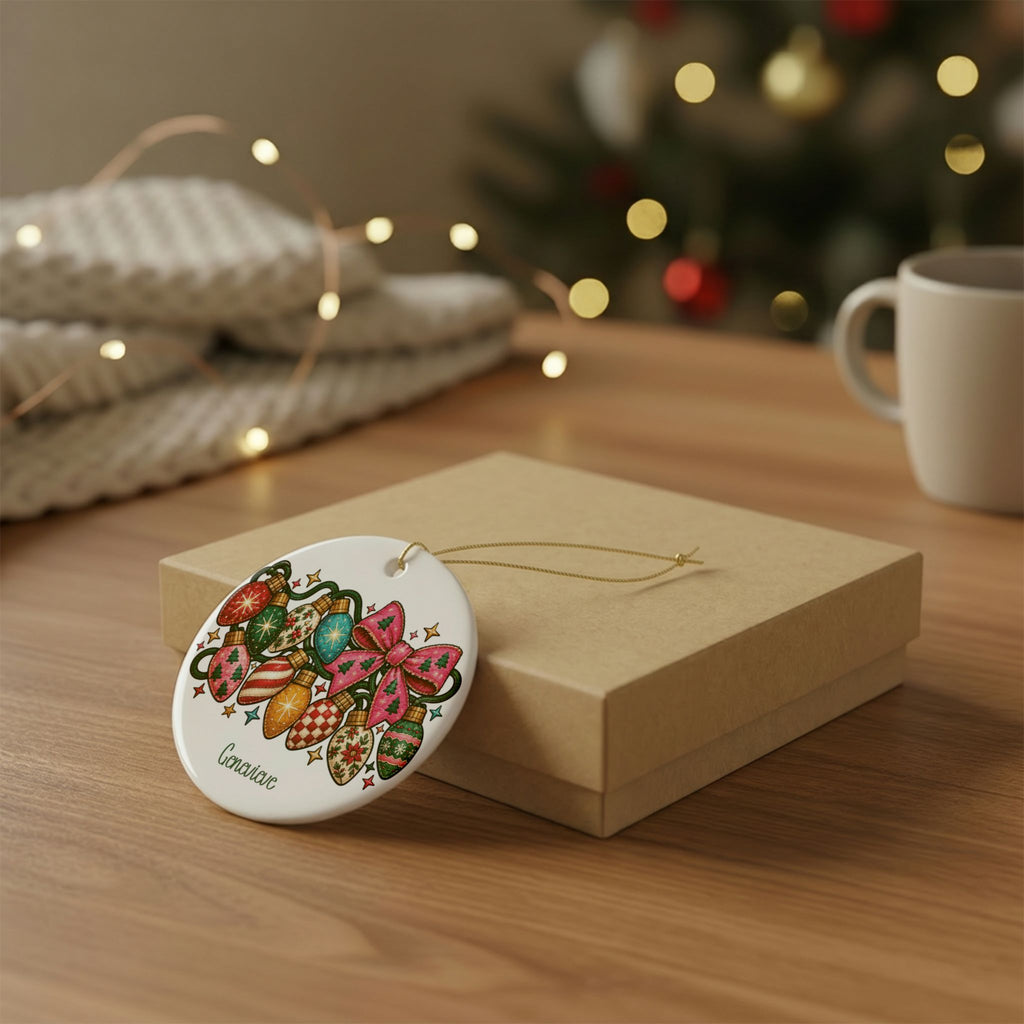 Personalized vintage Christmas lights name ornament resting on a kraft gift box beside a mug and knit throw