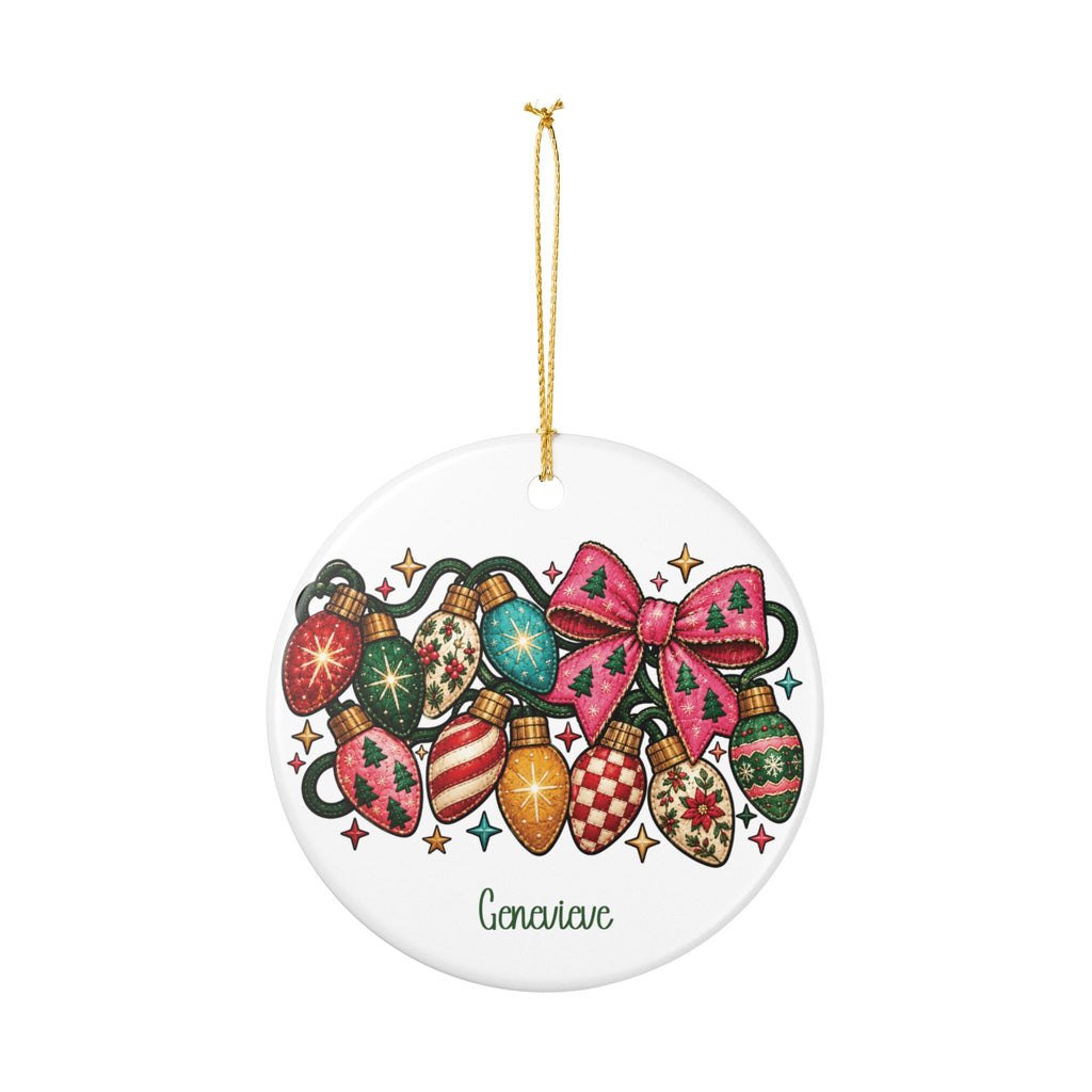 Personalized Colorful Christmas Lights ornament hanging from its gold string