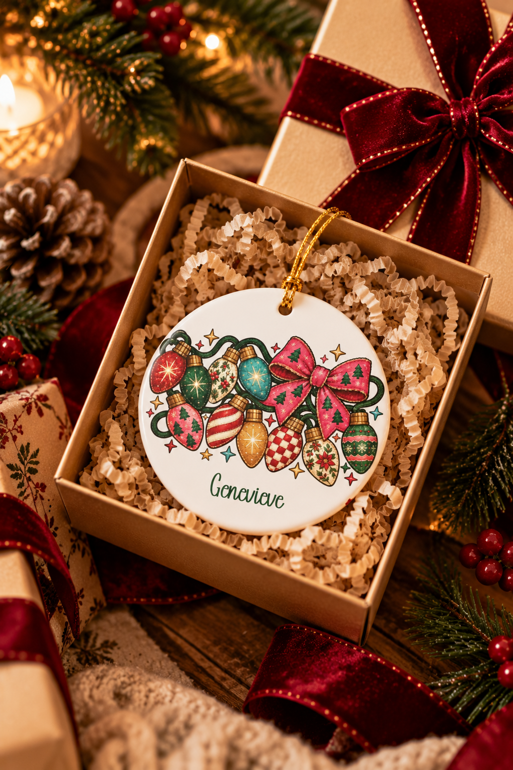Colorful Christmas Lights ornament nestled in a kraft gift box with crinkle paper, ready to give