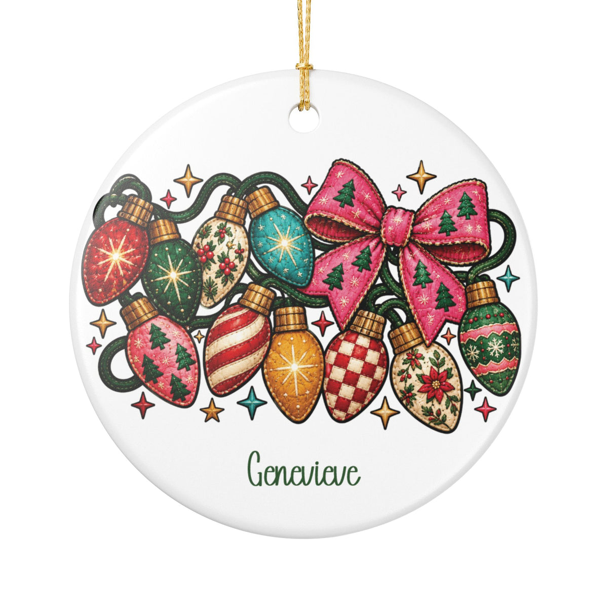 Colorful Christmas Lights ceramic Christmas ornament personalized with her name in green script