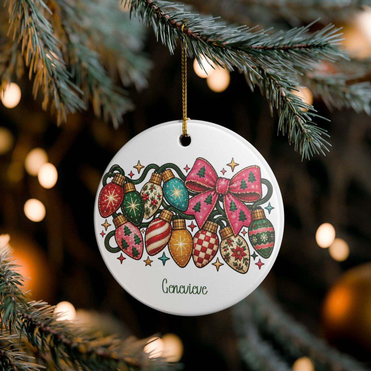 Custom vintage Christmas lights name ornament on pine branches with twinkling Christmas lights