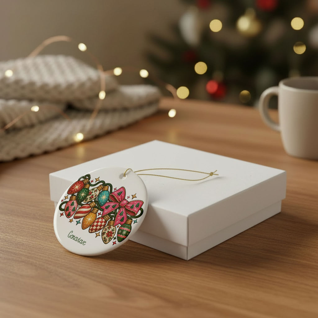Colorful Christmas Lights ornament leaning against a white gift box on a wooden table