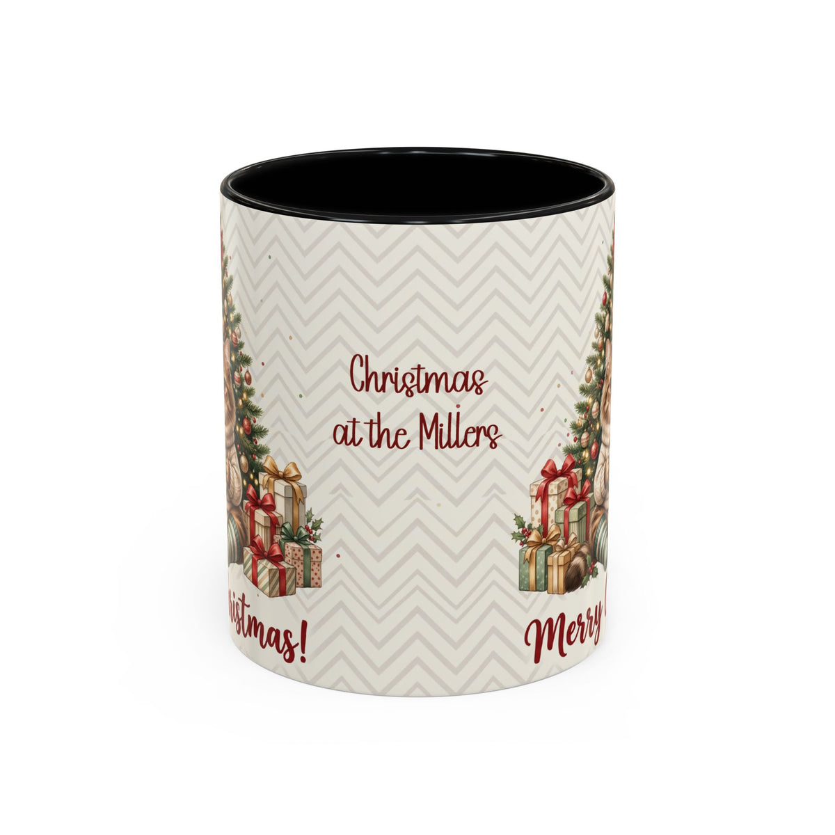 Black personalized Christmas Tree Cat mug, 11oz, back view with personalized text