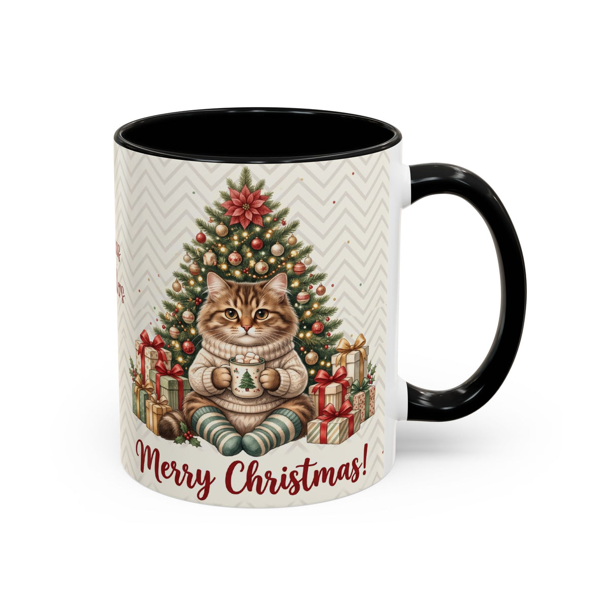Black personalized Christmas Tree Cat mug, 11oz, side view with handle on the right