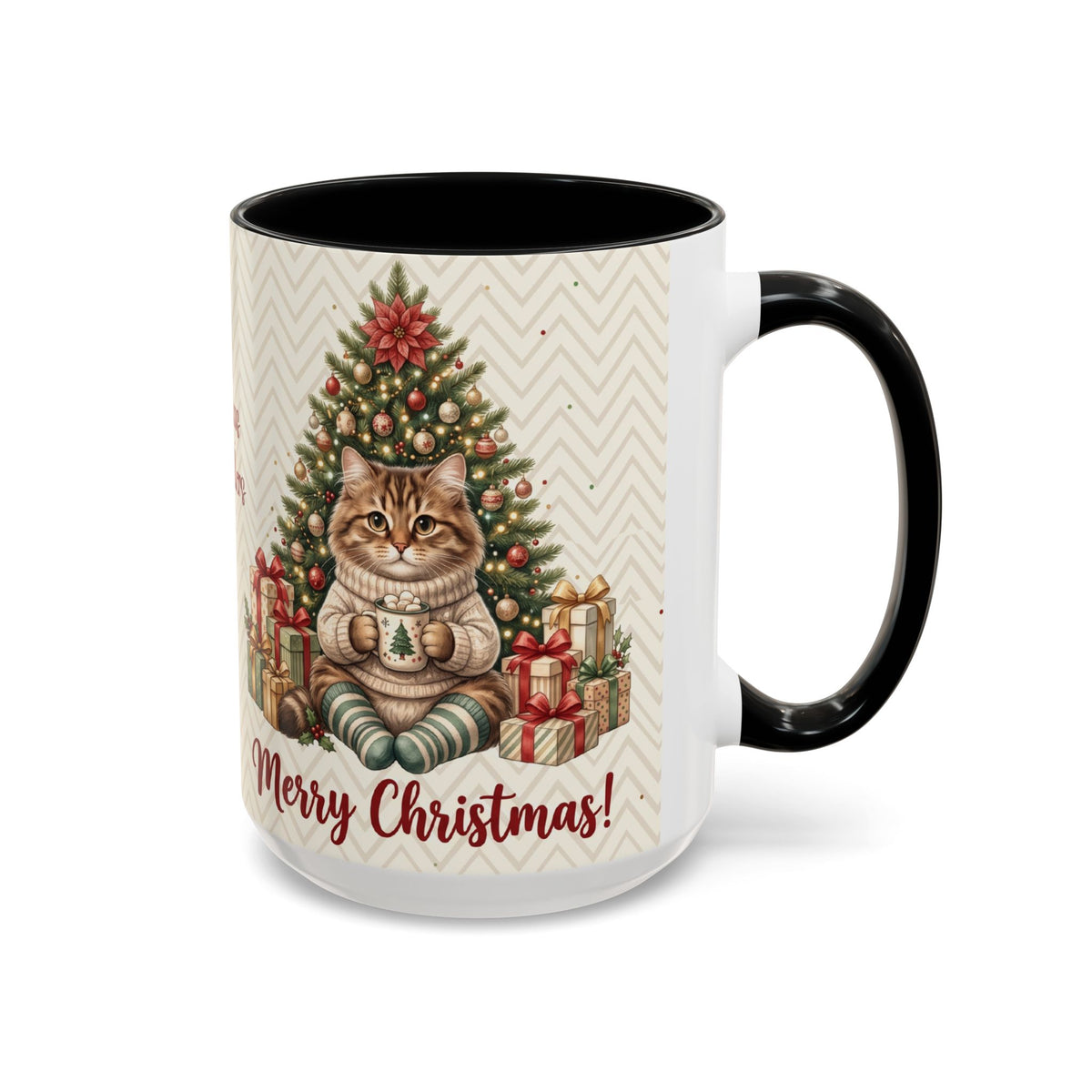 Black personalized Christmas Tree Cat mug, 15oz, side view with handle on the right