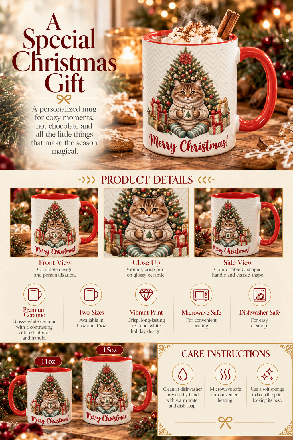 Personalized Christmas Tree Cat mug infographic with sizes, features and care instructions