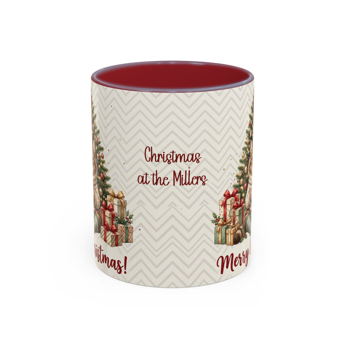 Maroon personalized Christmas Tree Cat mug, 11oz, back view with personalized text