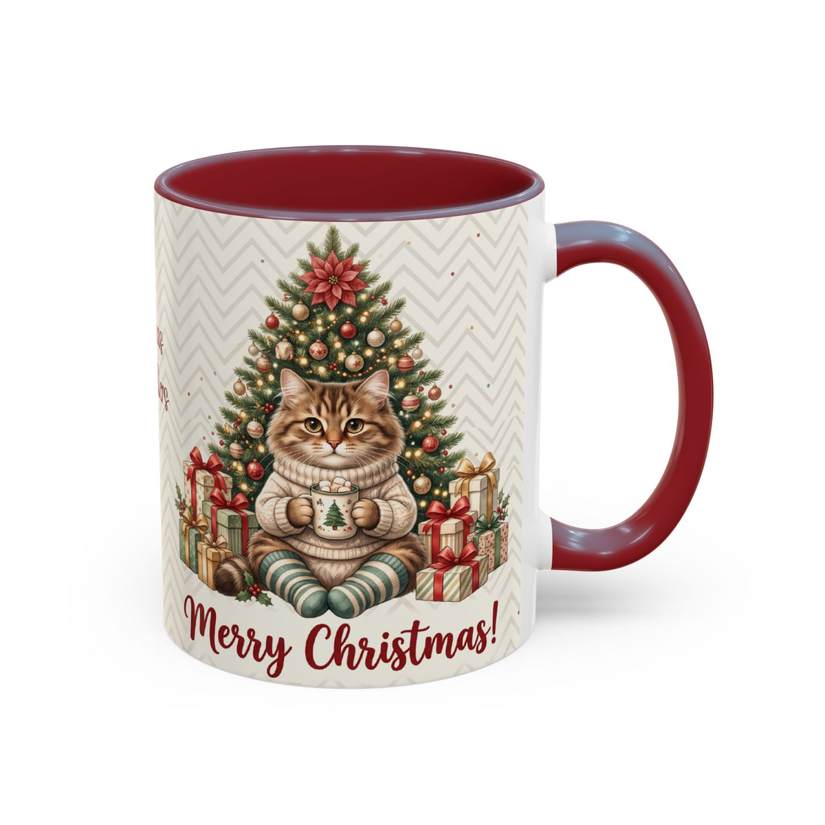 Maroon personalized Christmas Tree Cat mug, 11oz, side view with handle on the right