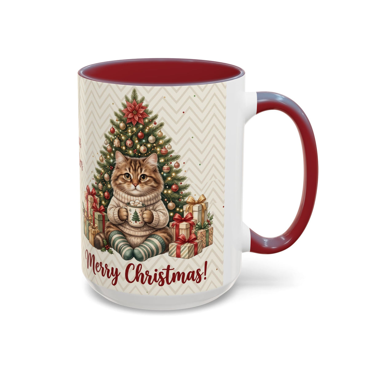 Maroon personalized Christmas Tree Cat mug, 15oz, side view with handle on the right
