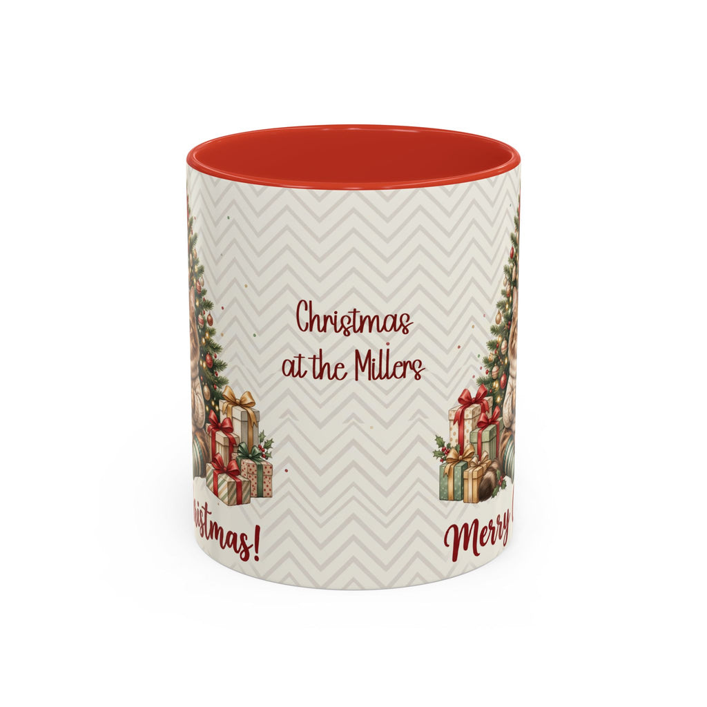 Red personalized Christmas Tree Cat mug, 11oz, back view with personalized text