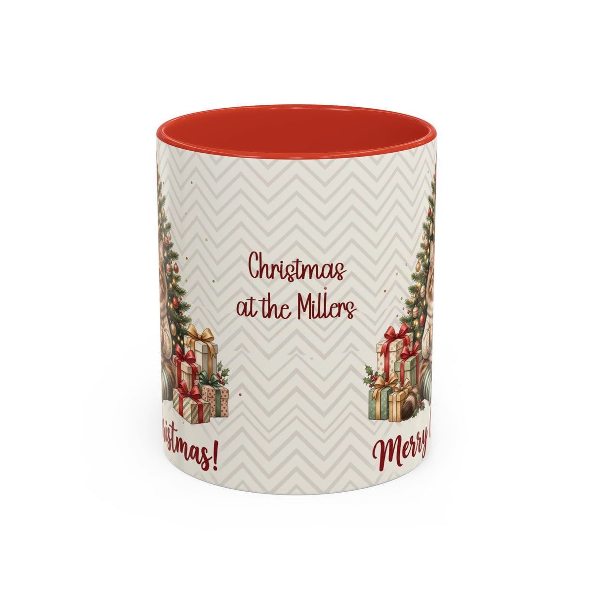Red personalized Christmas Tree Cat mug, 11oz, back view with personalized text