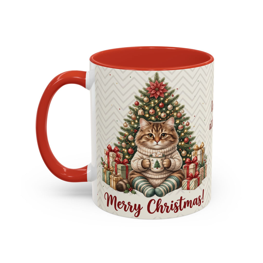 Red personalized Christmas Tree Cat mug, 11oz, side view with handle on the left