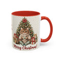 Red personalized Christmas Tree Cat mug, 11oz, side view with handle on the right