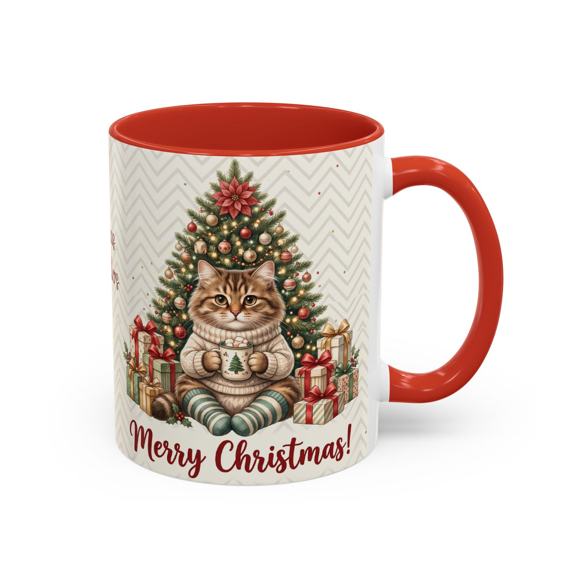 Red personalized Christmas Tree Cat mug, 11oz, side view with handle on the right