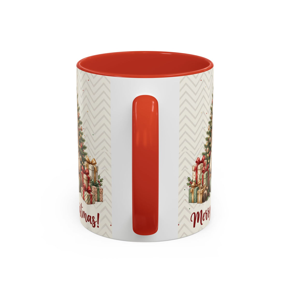 Red personalized Christmas Tree Cat mug, 11oz, handle view