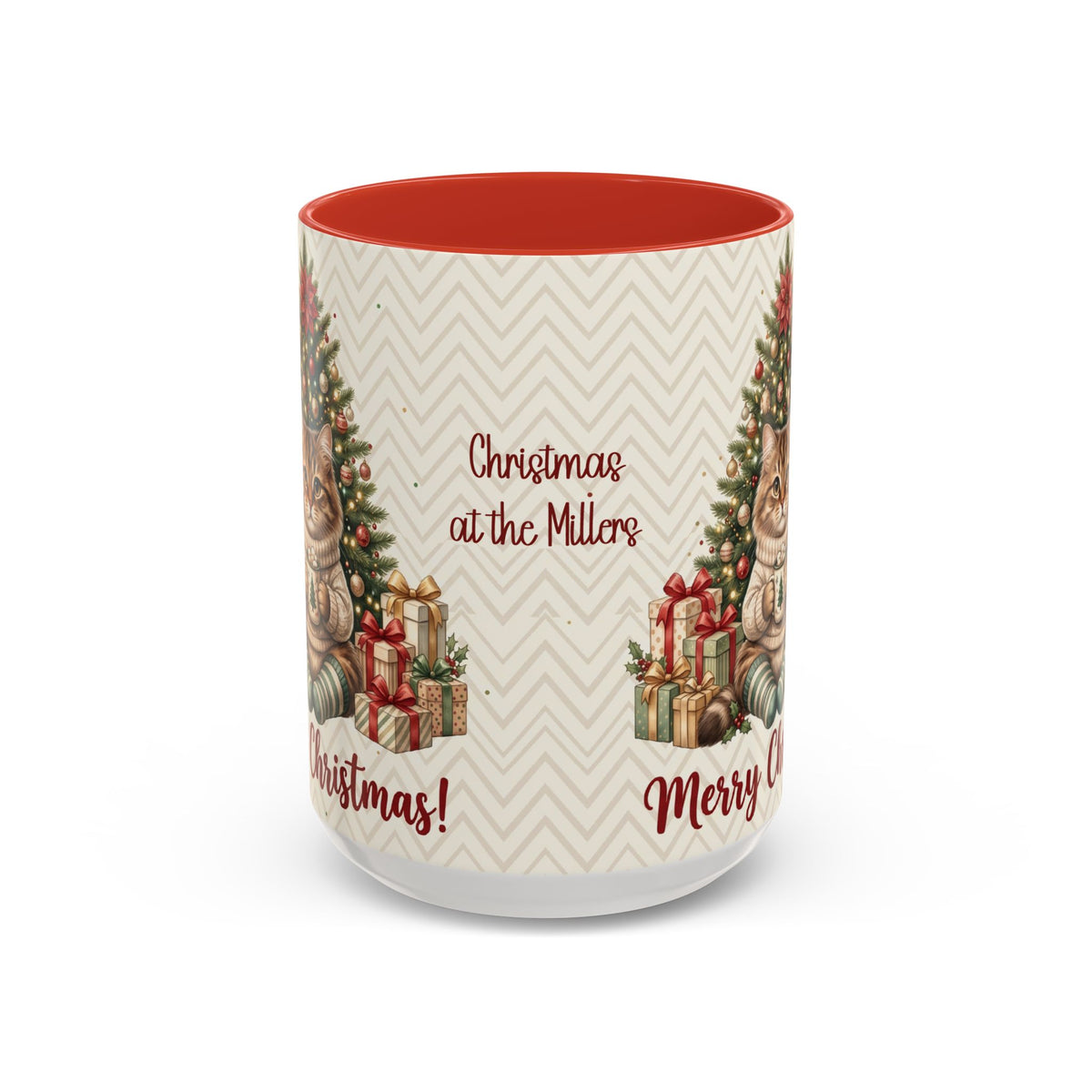Red personalized Christmas Tree Cat mug, 15oz, back view with personalized text