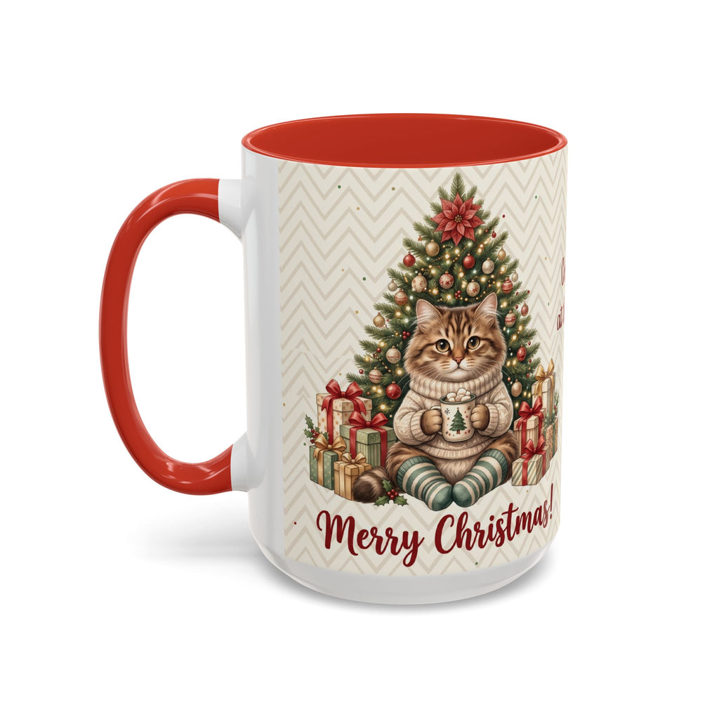 Red personalized Christmas Tree Cat mug, 15oz, side view with handle on the left