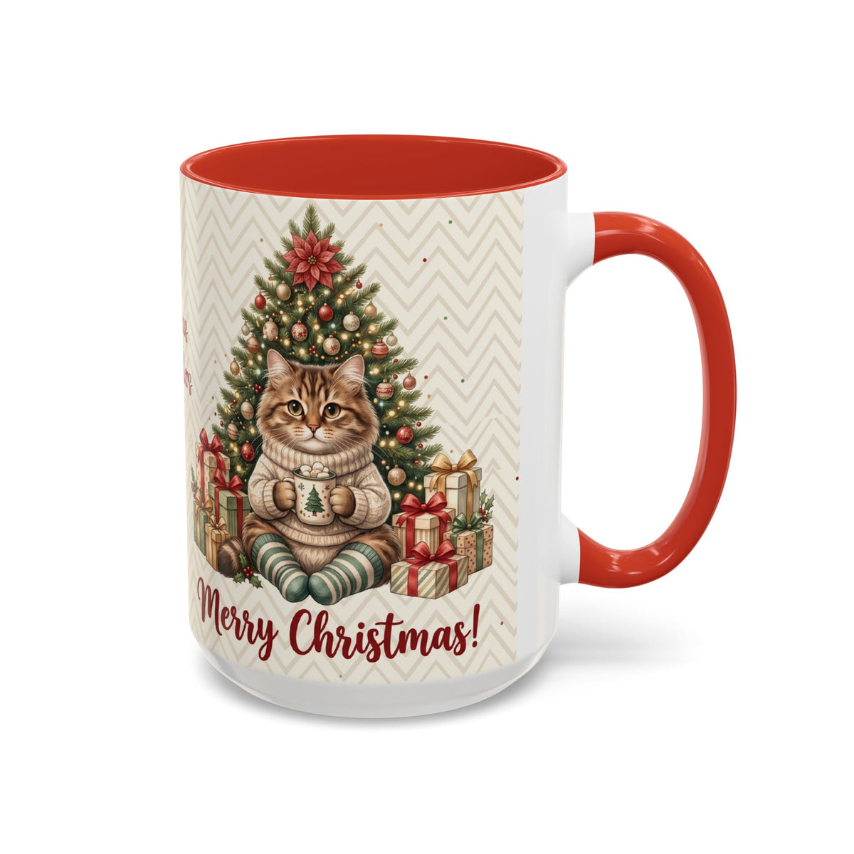 Red personalized Christmas Tree Cat mug, 15oz, side view with handle on the right