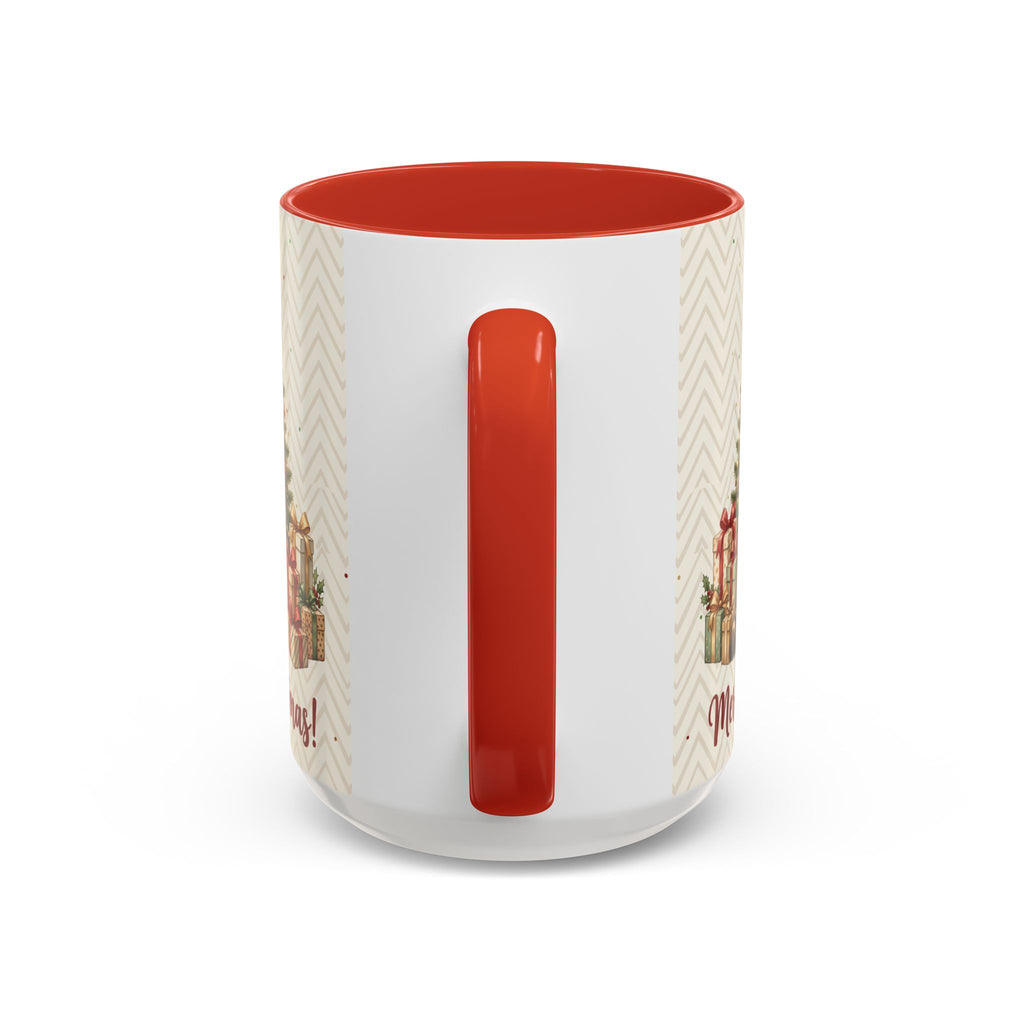Red personalized Christmas Tree Cat mug, 15oz, handle view