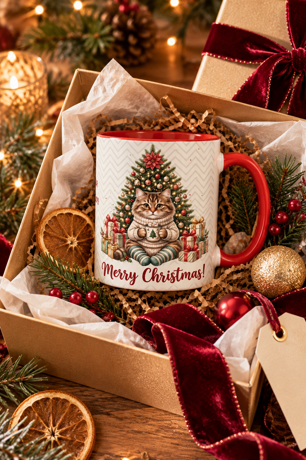 Red personalized Christmas Tree Cat mug in a Christmas gift box, lifestyle photo
