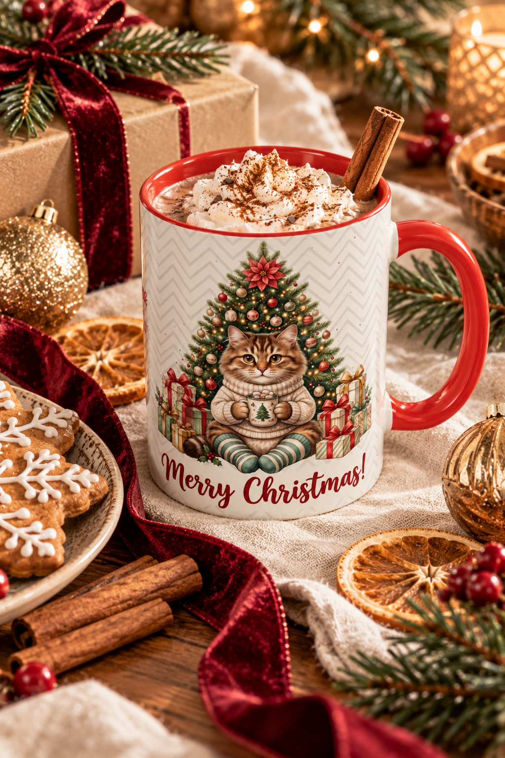 Red personalized Christmas Tree Cat mug with hot cocoa and Christmas treats, lifestyle photo