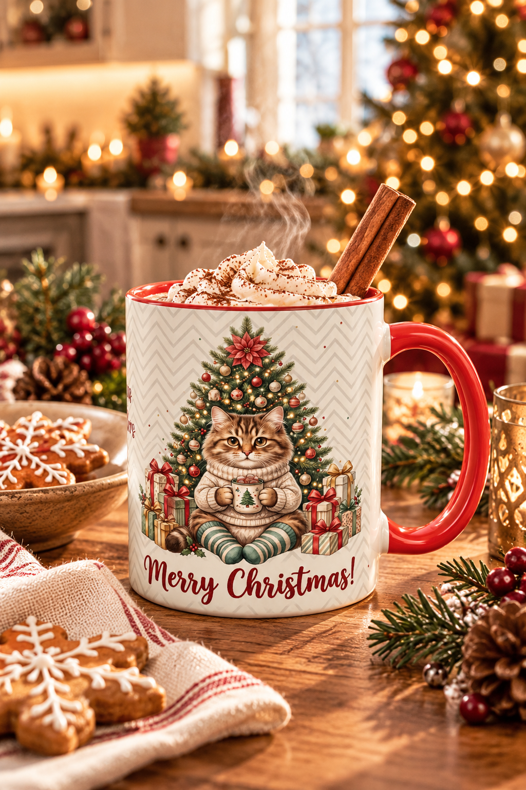 Red personalized Christmas Tree Cat mug with hot cocoa by the Christmas tree, lifestyle photo