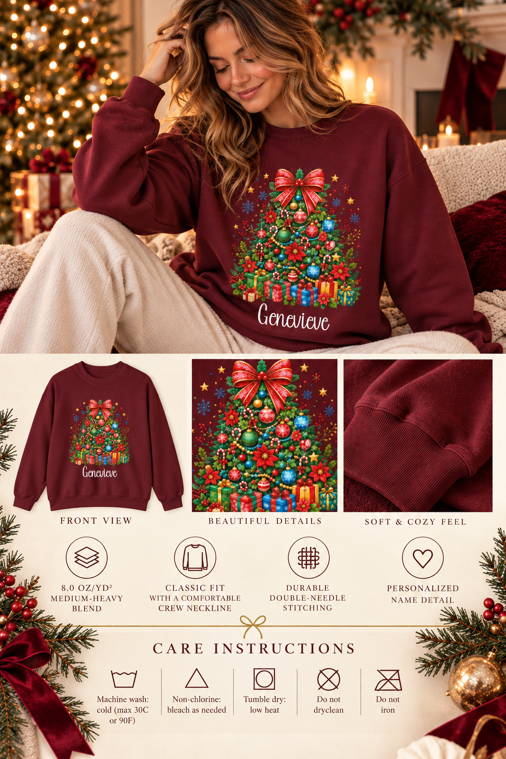 Personalized Christmas Tree sweatshirt infographic with features, gift details and care instructions