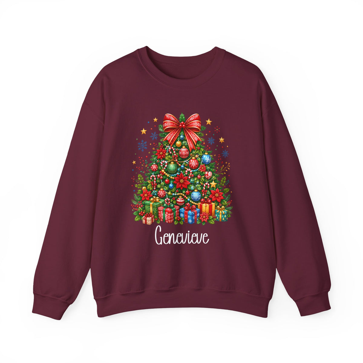 Maroon personalized Christmas Tree sweatshirt, front view