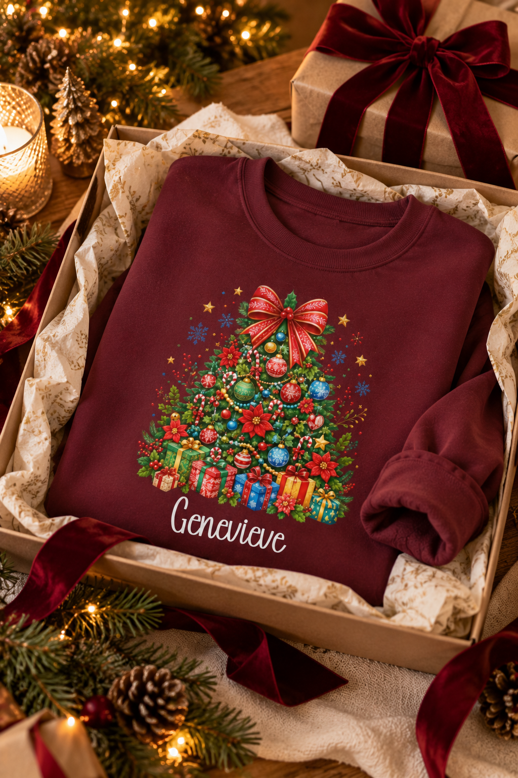 Maroon personalized Christmas Tree sweatshirt, in a Christmas gift box, lifestyle photo