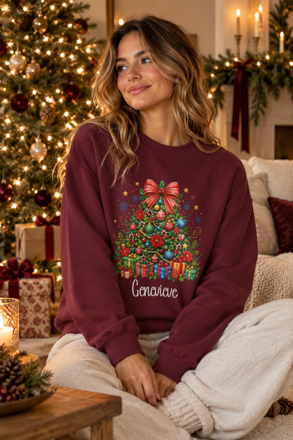 Maroon personalized Christmas Tree sweatshirt, lifestyle photo by the Christmas tree