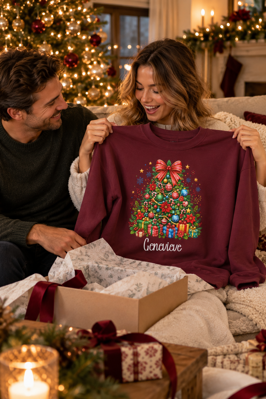 Maroon personalized Christmas Tree sweatshirt, couple unwrapping it as a Christmas gift, lifestyle photo