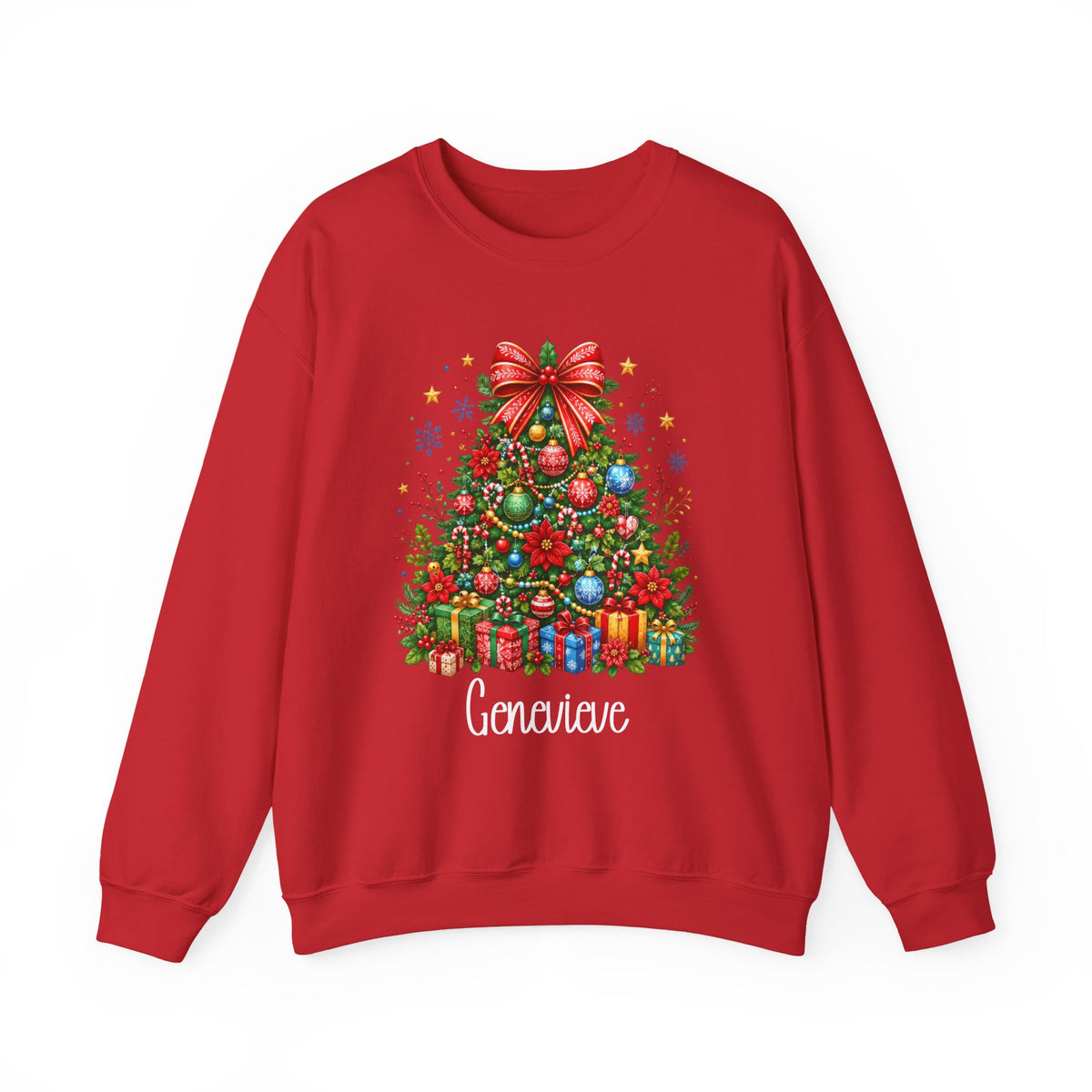 Red personalized Christmas Tree sweatshirt, front view