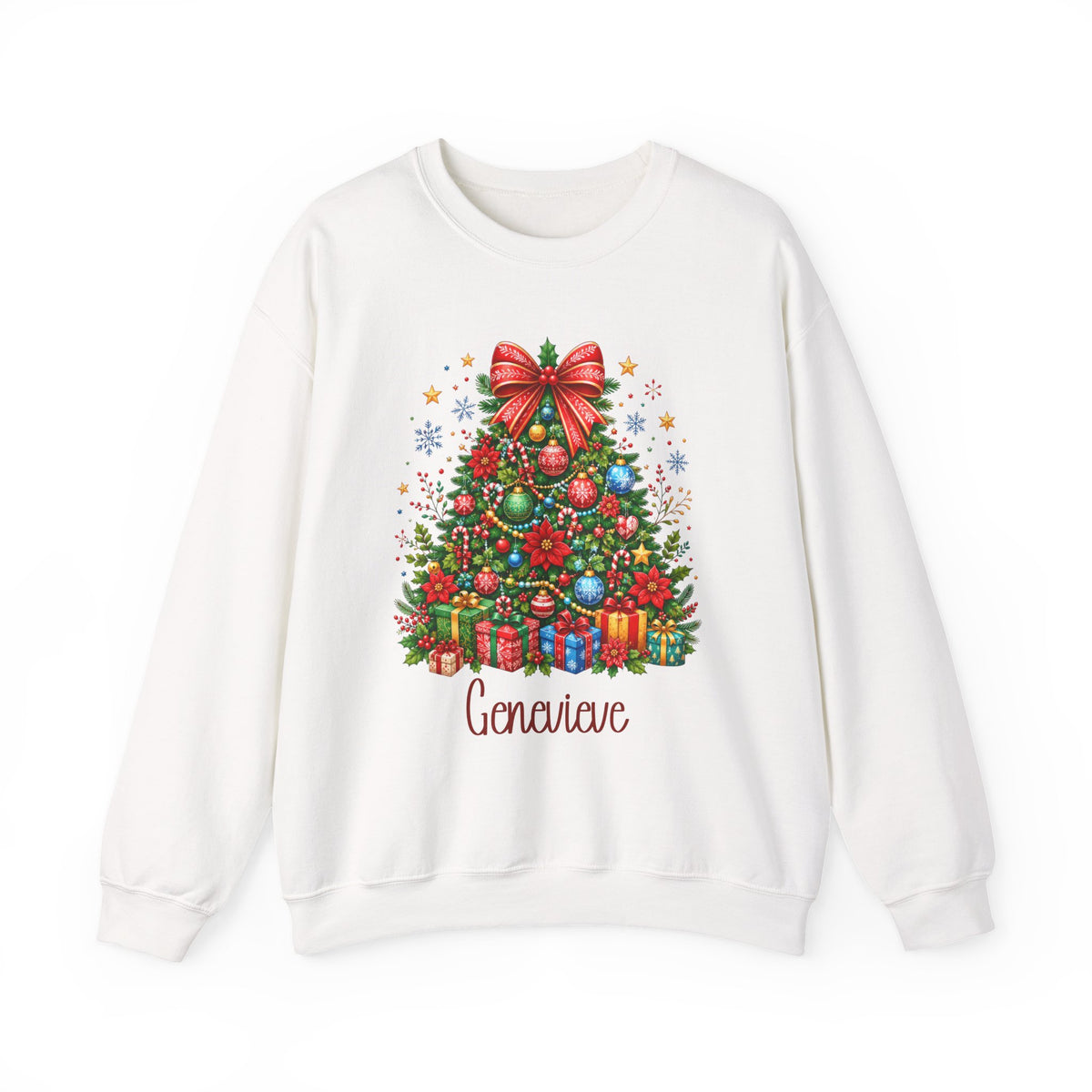 White personalized Christmas Tree sweatshirt, front view